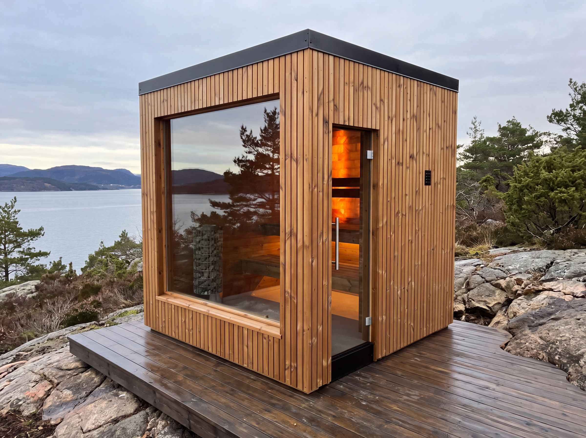The Cube on a rock by the fjord, seen at an angle with the window and glass door