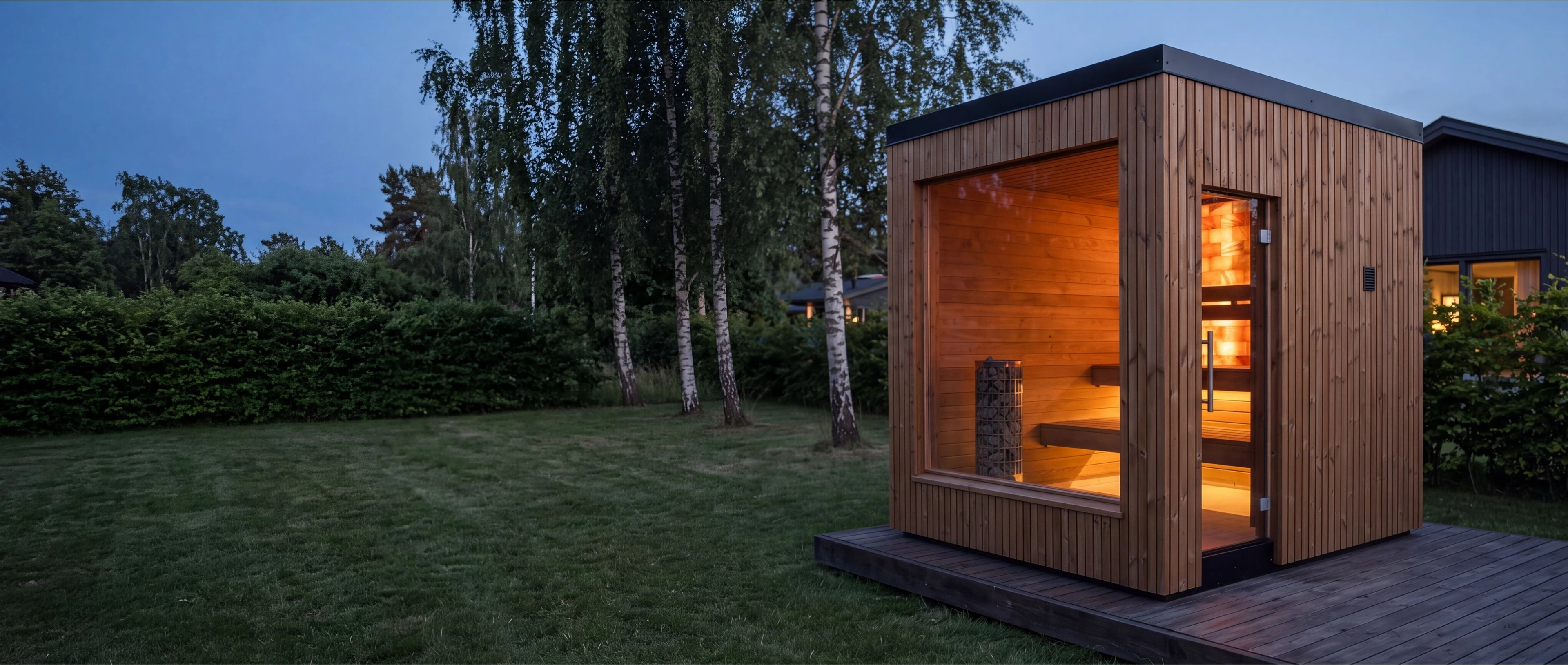 The Cube in a garden in the evening, lit from inside, with birch trees behind