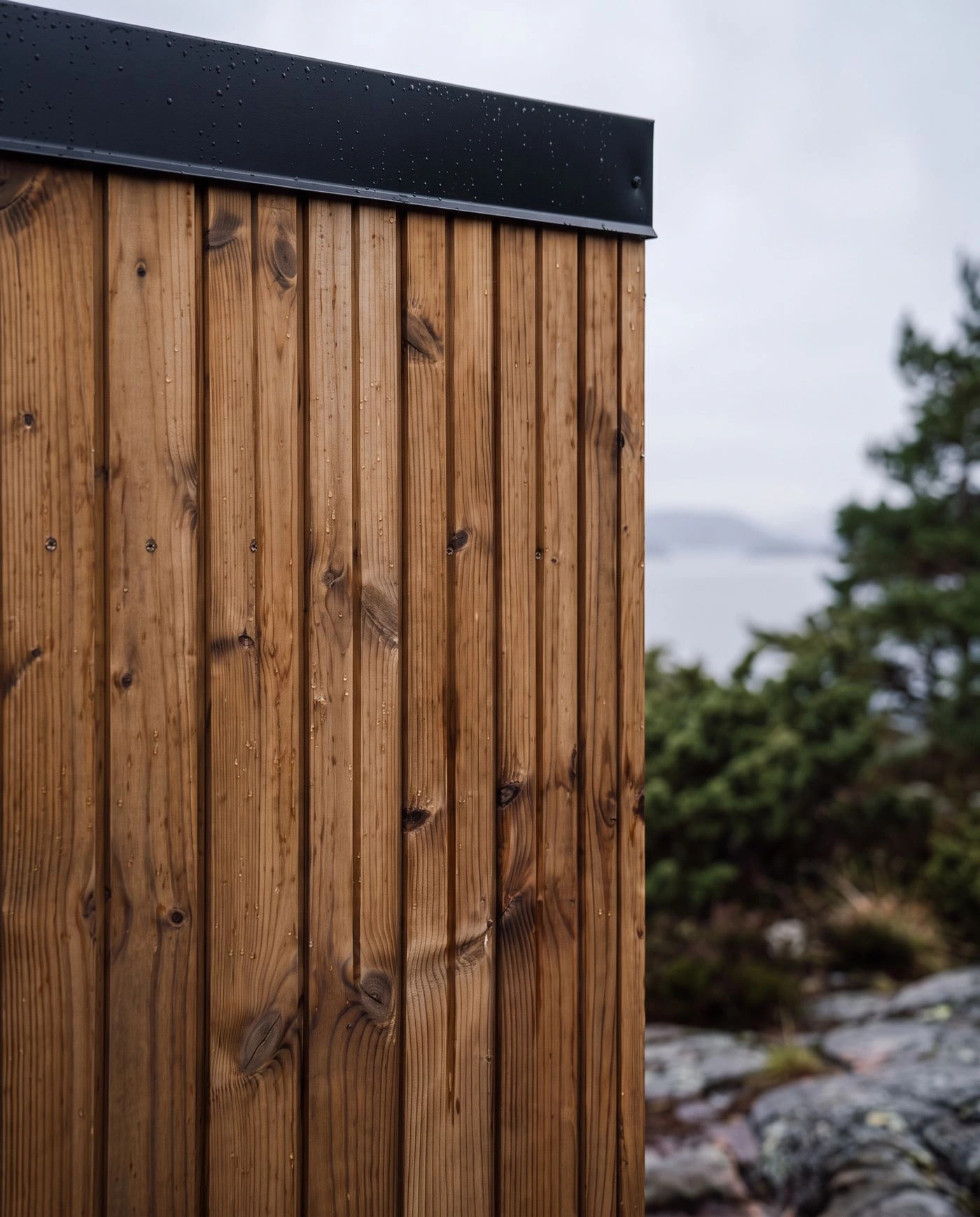 Close-up of thermowood cladding with raindrops and a black roof edge