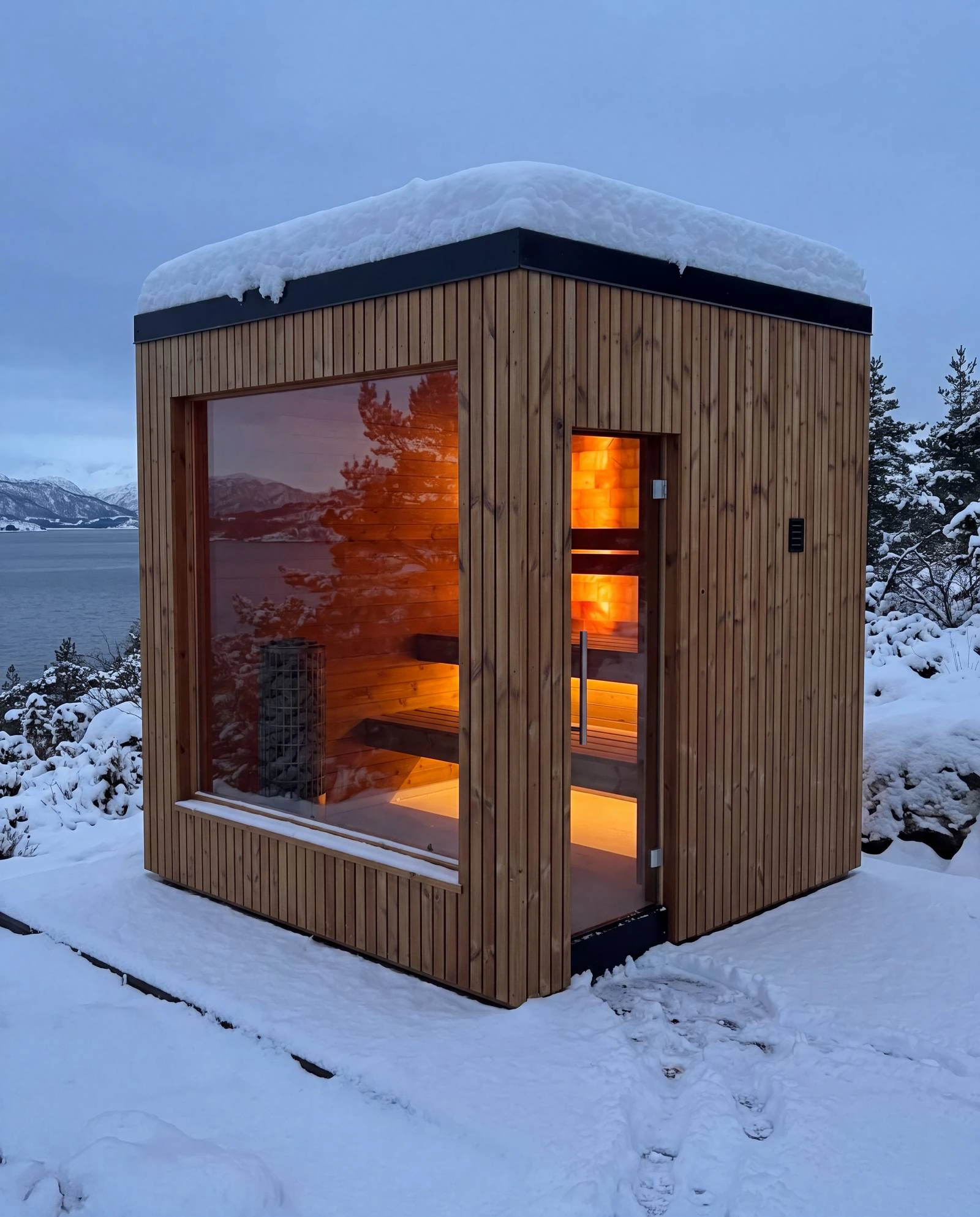 The Cube with snow on the roof by a fjord in winter, lit from inside